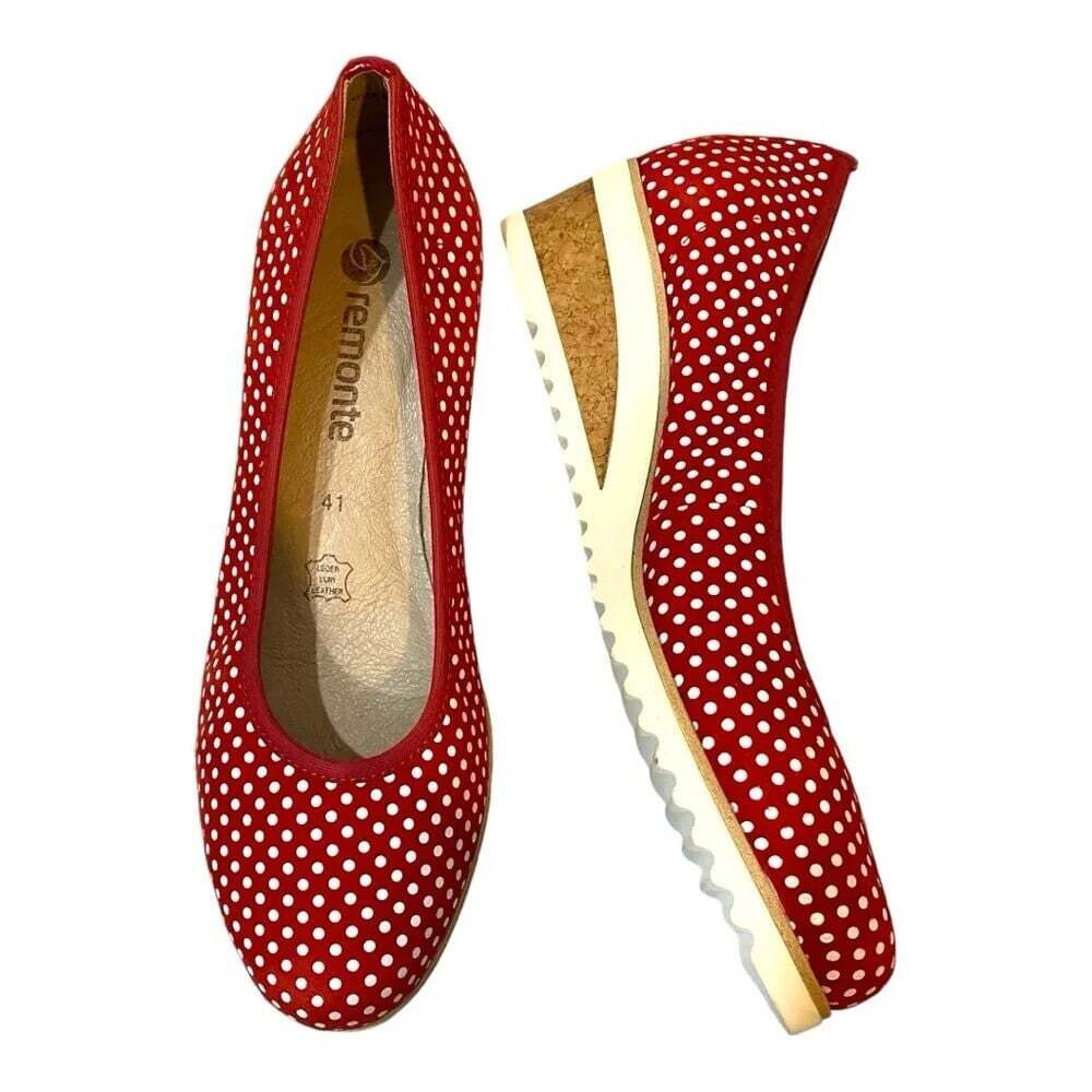 Remonte Slip On Wedge Heels in Red and White Polka Dot Size 9.5 EU 41